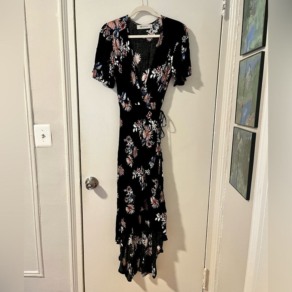 The Impeccable Pig Black Floral Print High-Low Wrap Dress | Size Medium